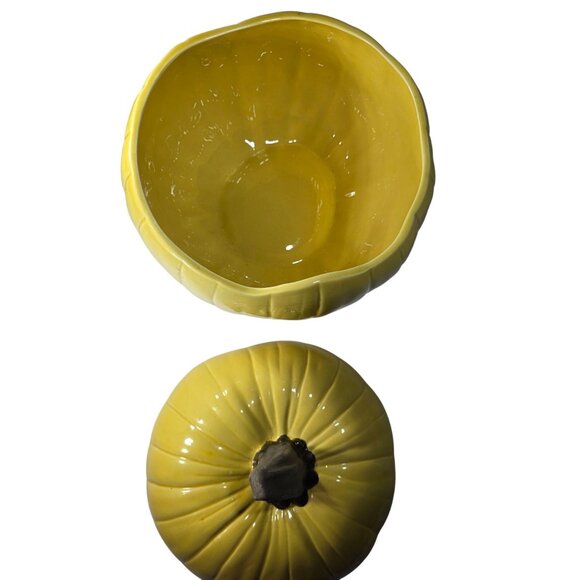 Harvest Yellow Ceramic Pumpkin Lidded Bowl Crate & Barrel Thanksgiving autumn - Picture 3 of 5